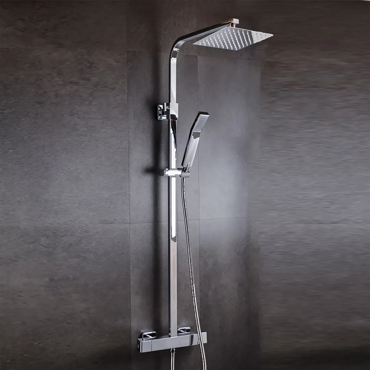 Colonne de douche thermostatique chromée Pomme de douche carrée 20 cm