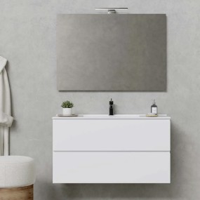 Meuble de salle de bain suspendu en chêne avec lavabo, miroir et lampe LED