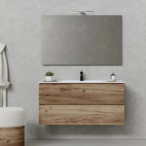 Meuble de salle de bain suspendu en chêne avec lavabo, miroir et lampe LED
