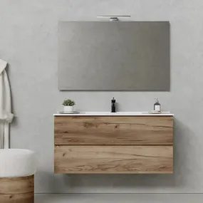 Meuble de salle de bain suspendu en chêne avec lavabo, miroir et lampe LED