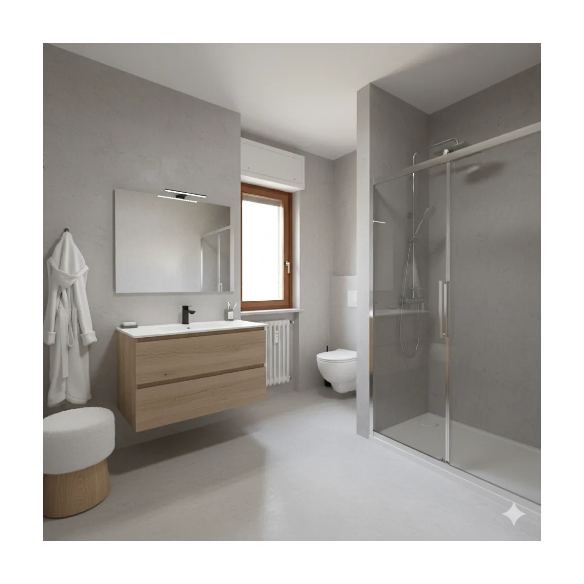 Meuble de salle de bain suspendu en chêne avec lavabo, miroir et lampe LED