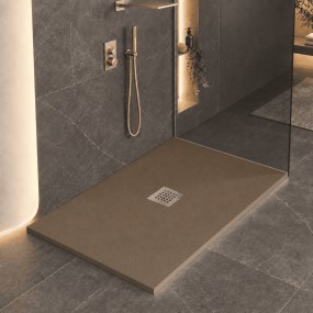 Receveur de douche en marbre minéral effet pierre fabriqué en Italie drain central de couleur marron modèle Amalfi