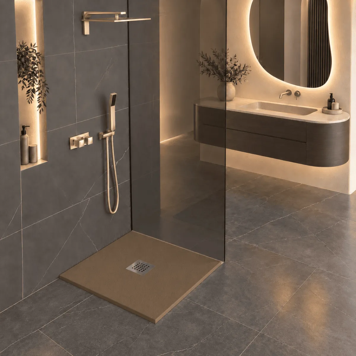Receveur de douche en marbre minéral pierre brune avec évacuation centrale fabriqué en Italie