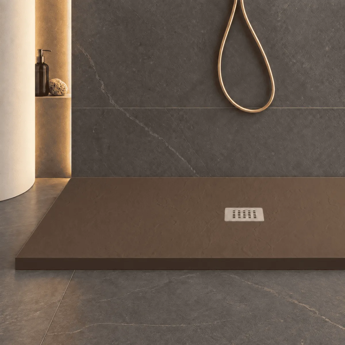 Receveur de douche en marbre minéral pierre brune avec évacuation centrale fabriqué en Italie