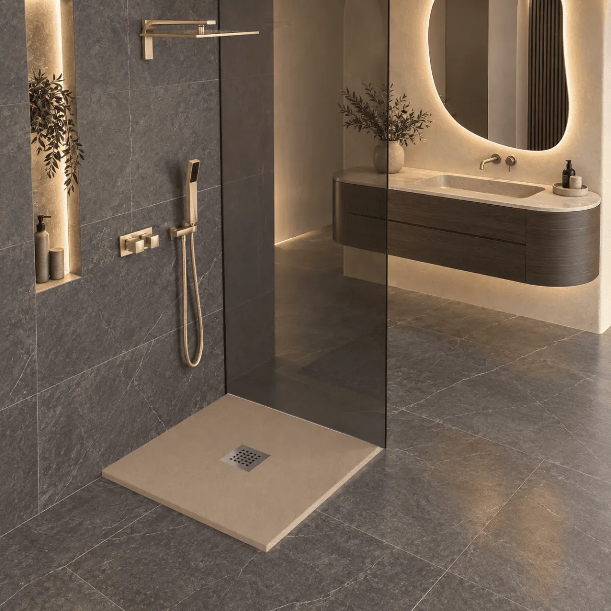 Receveur de douche en marbre minéral gris tourterelle avec évacuation centrale fabriqué en Italie