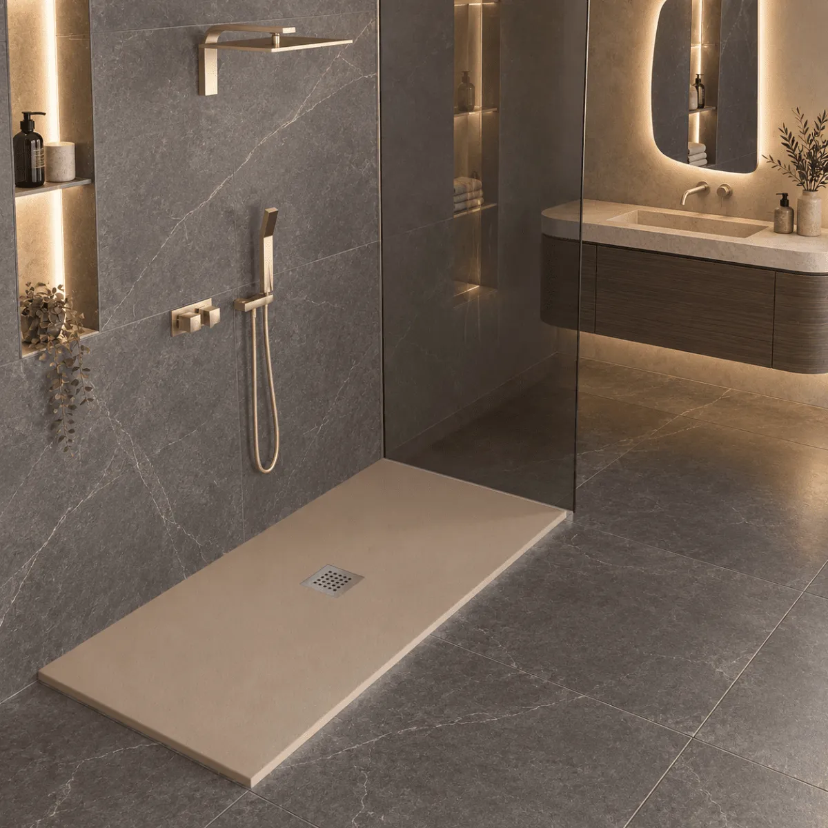 Receveur de douche en marbre minéral gris tourterelle avec évacuation centrale fabriqué en Italie