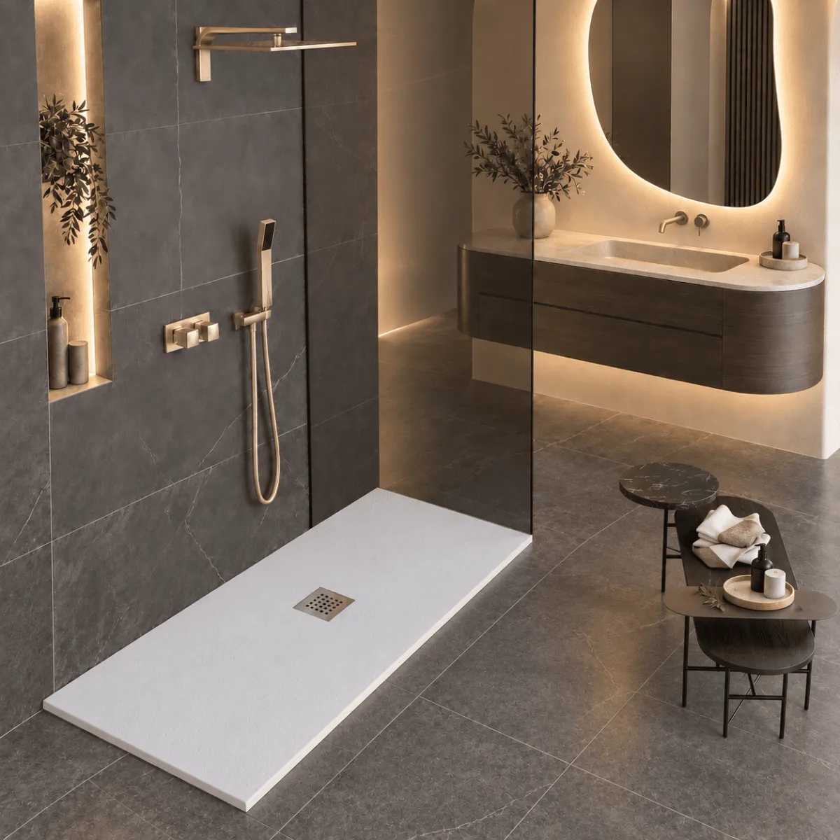Piatto Doccia in Mineralmarmo Effetto Pietra Grigio Chiaro con Scarico Centrale – Made in Italy - Modello Amalfi