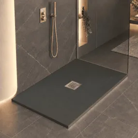 Duschwanne aus anthrazitfarbenem Mineralmarmor mit zentralem Ablauf made in Italy