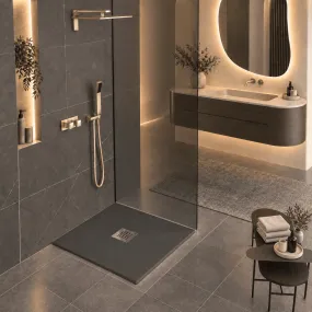 Duschwanne aus anthrazitfarbenem Mineralmarmor mit zentralem Ablauf made in Italy