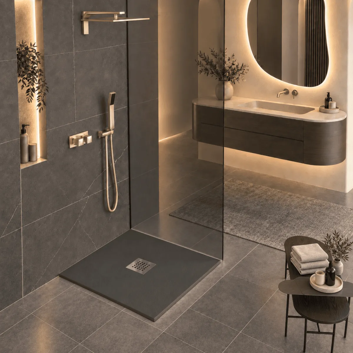 Piatto Doccia in Mineralmarmo Effetto Pietra Antracite con Scarico Centrale – Made in Italy - Modello Amalfi
