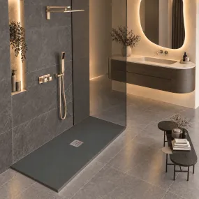 Duschwanne aus anthrazitfarbenem Mineralmarmor mit zentralem Ablauf made in Italy