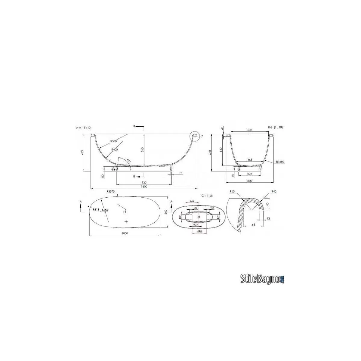 Ovale Badewanne in modernem Design aus weißem Mineralmarmor 180x63x80