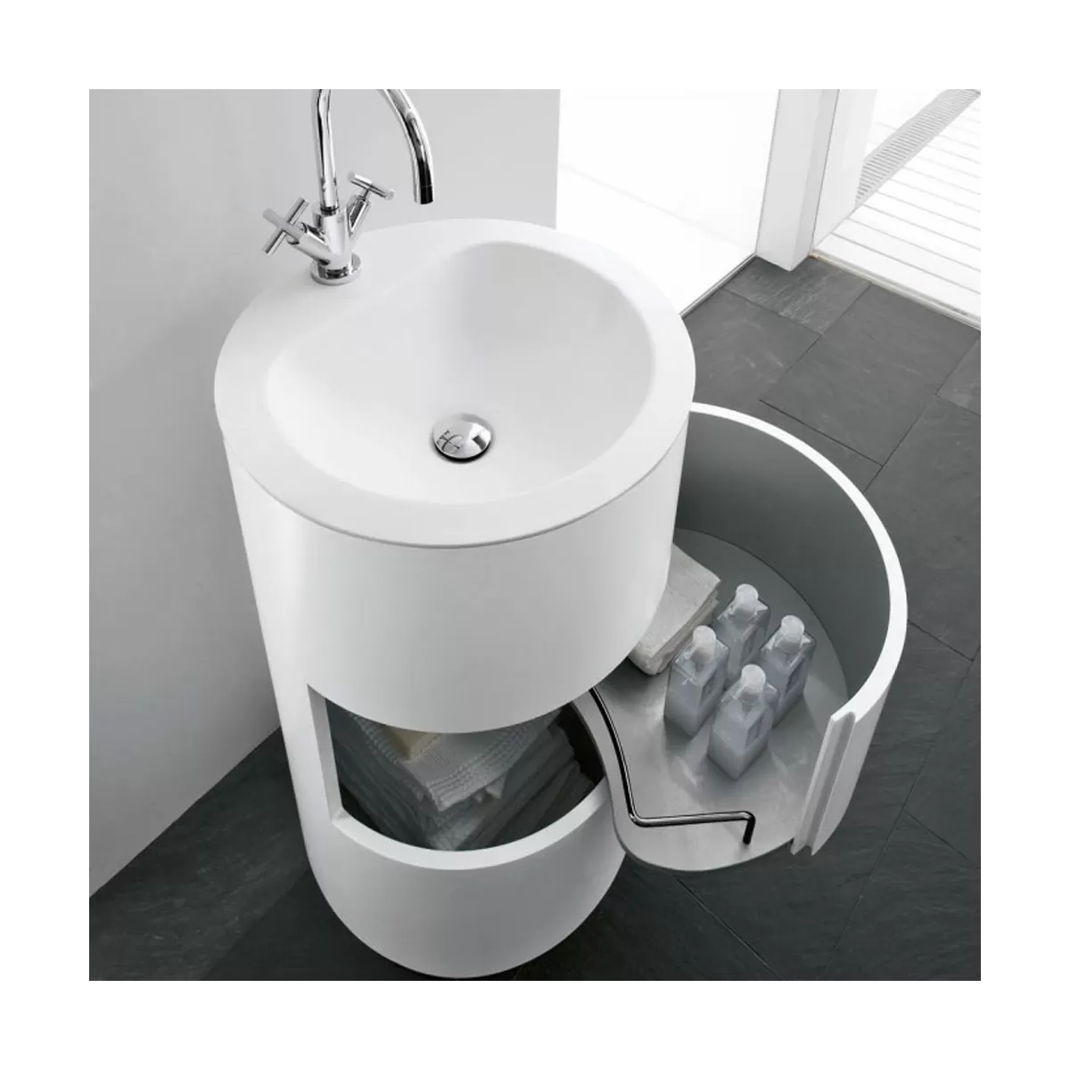 Meuble de salle de bain sur pied Moon avec vasque en Corian® blanc mat