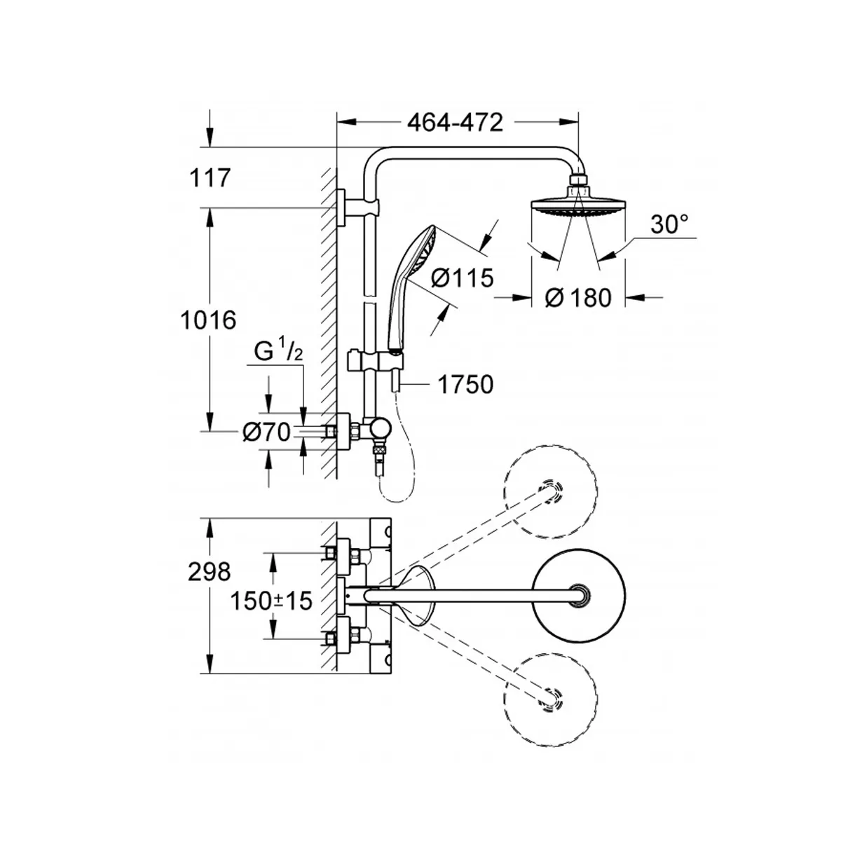 Colonne de douche Grohe Euphoria System avec mitigeur thermostatique, pommeau de douche et douchette latérale