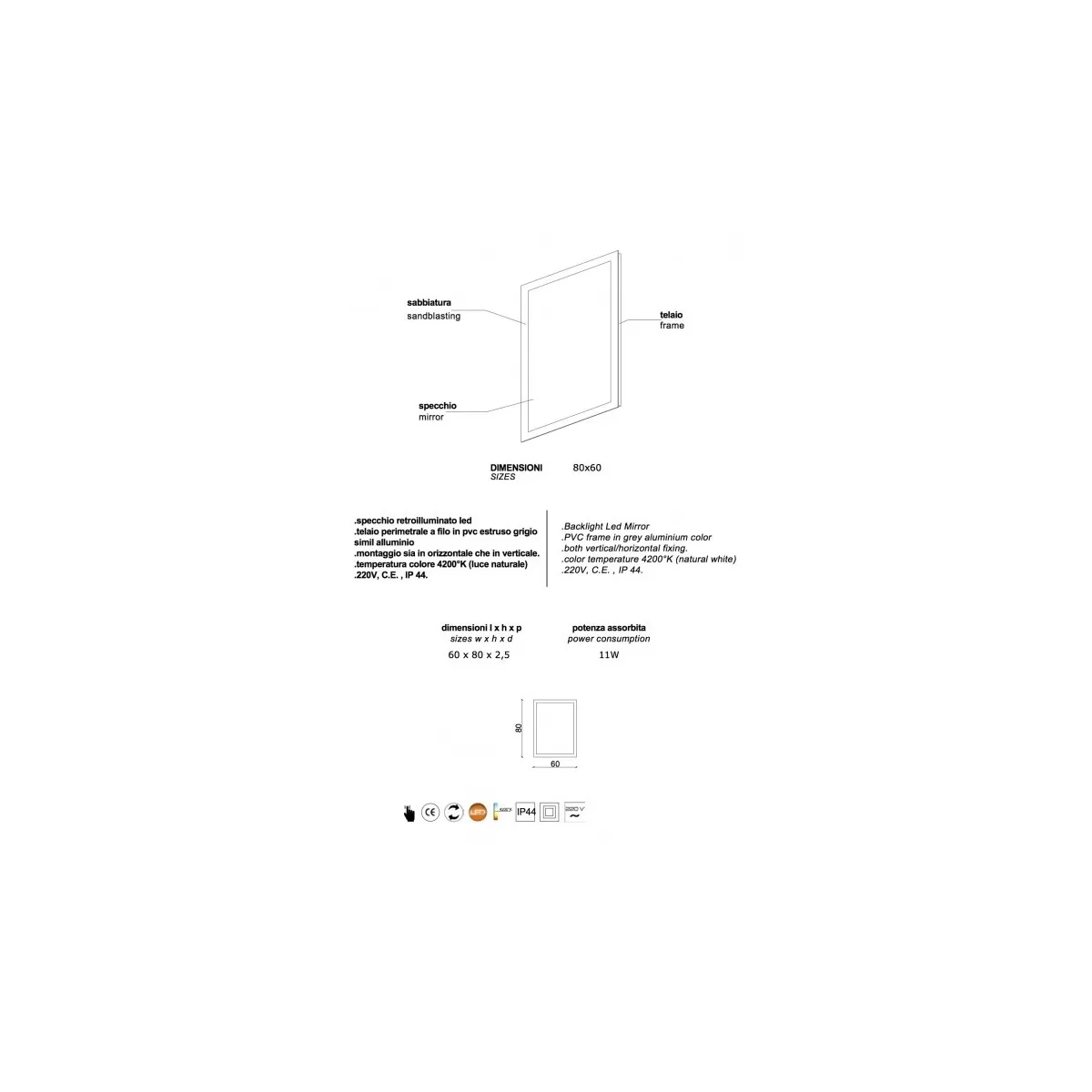 Specchio da Bagno Reversibile con Retroilluminazione a Led 80x60cm