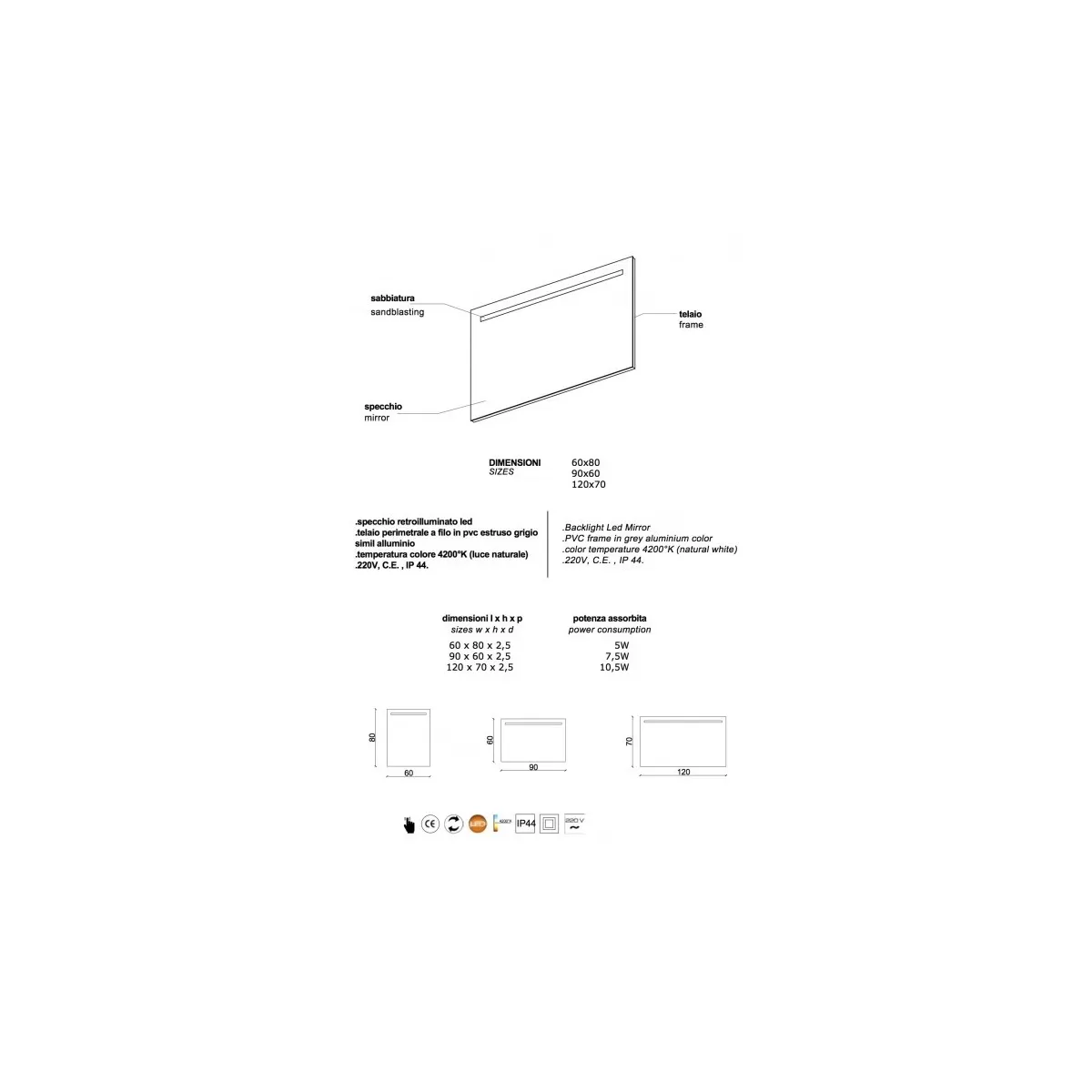 Wandspiegel mit oberer LED-Hintergrundbeleuchtung 90x60cm