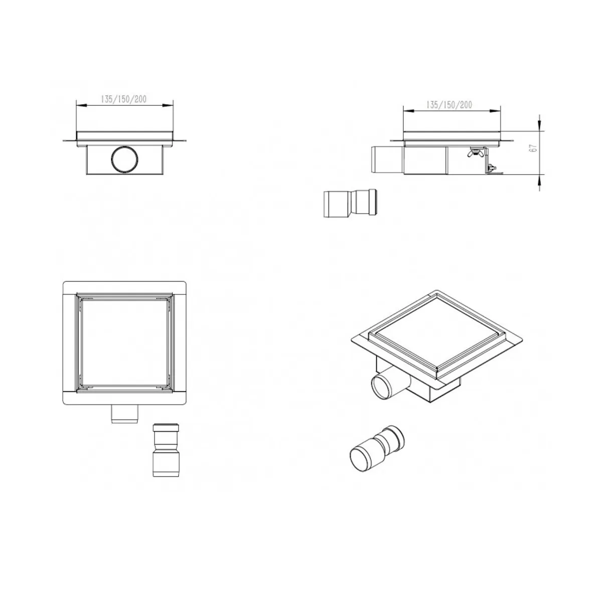 Caniveau de Douche Inox Carré 13.5x13.5 - 15x15 - 20x20cm