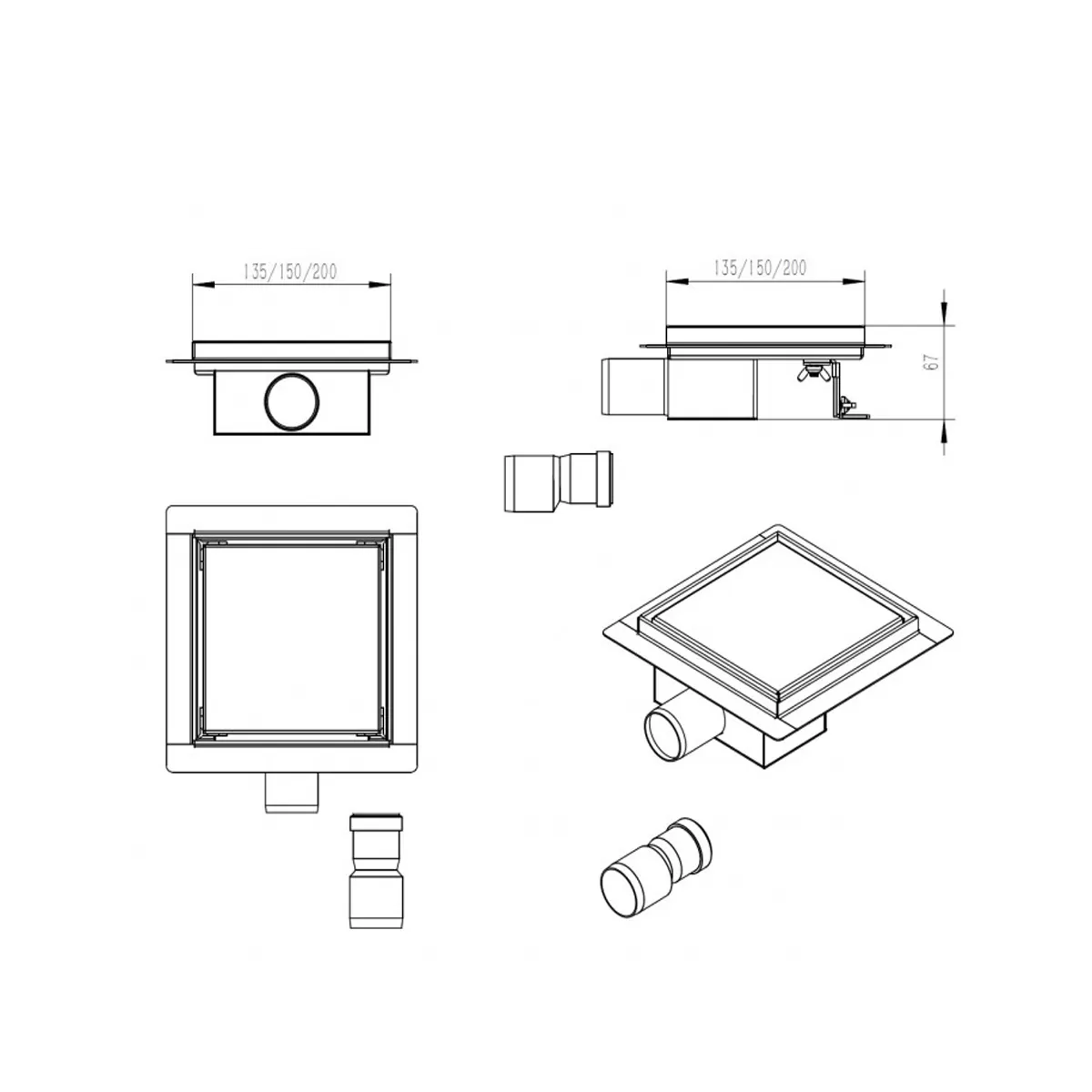 Caniveau de Douche Carré Inox à Carreler 13,5x13,5 - 15x15 - 20x20cm