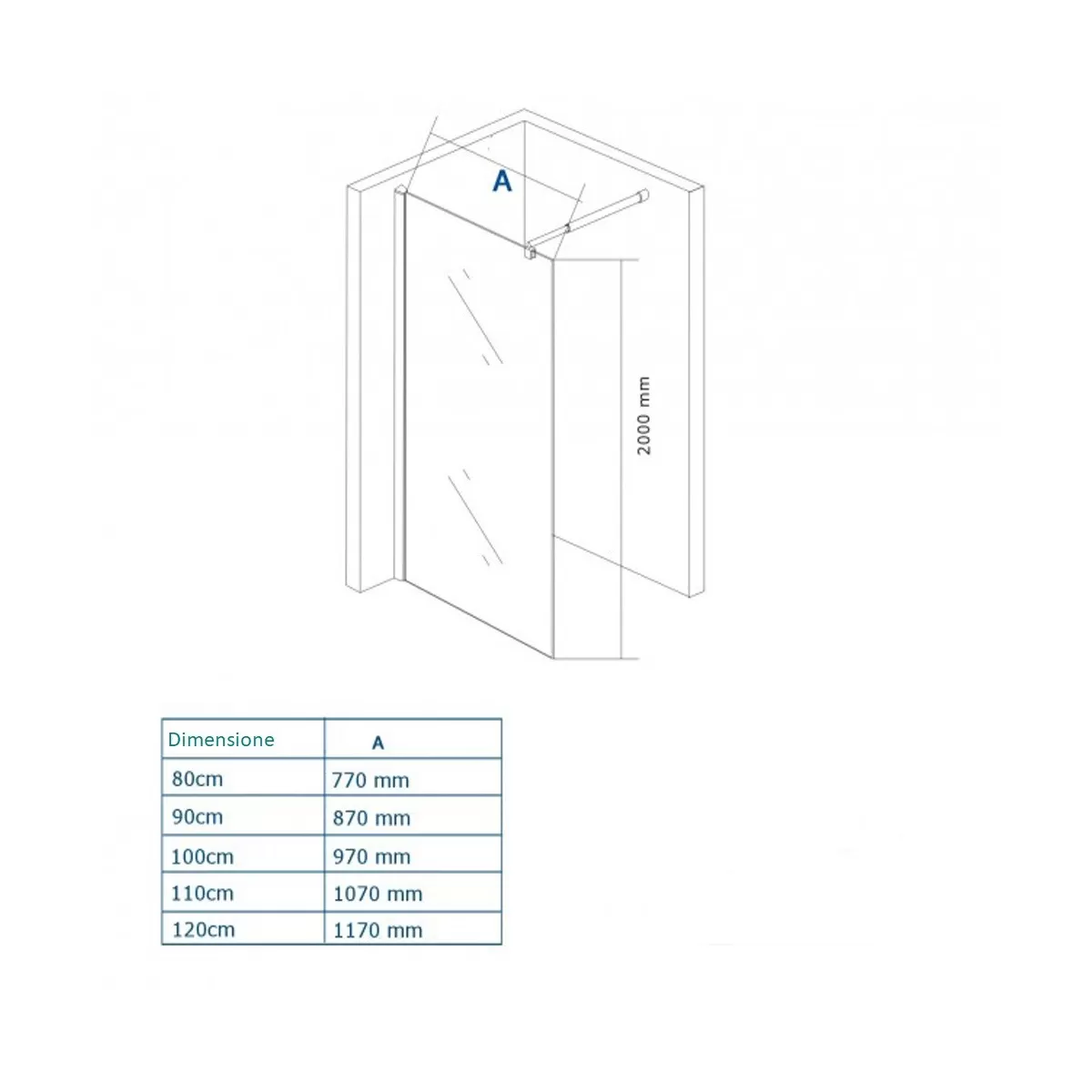 Paroi de Douche Anti-calcaire à l'italienne avec Verre 8mm - 85 - 100 - 110 - 120 - 140cm