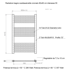 Radiateur, radiateur décoratif, sèche serviette 800x600 Chrome entraxe 550mm