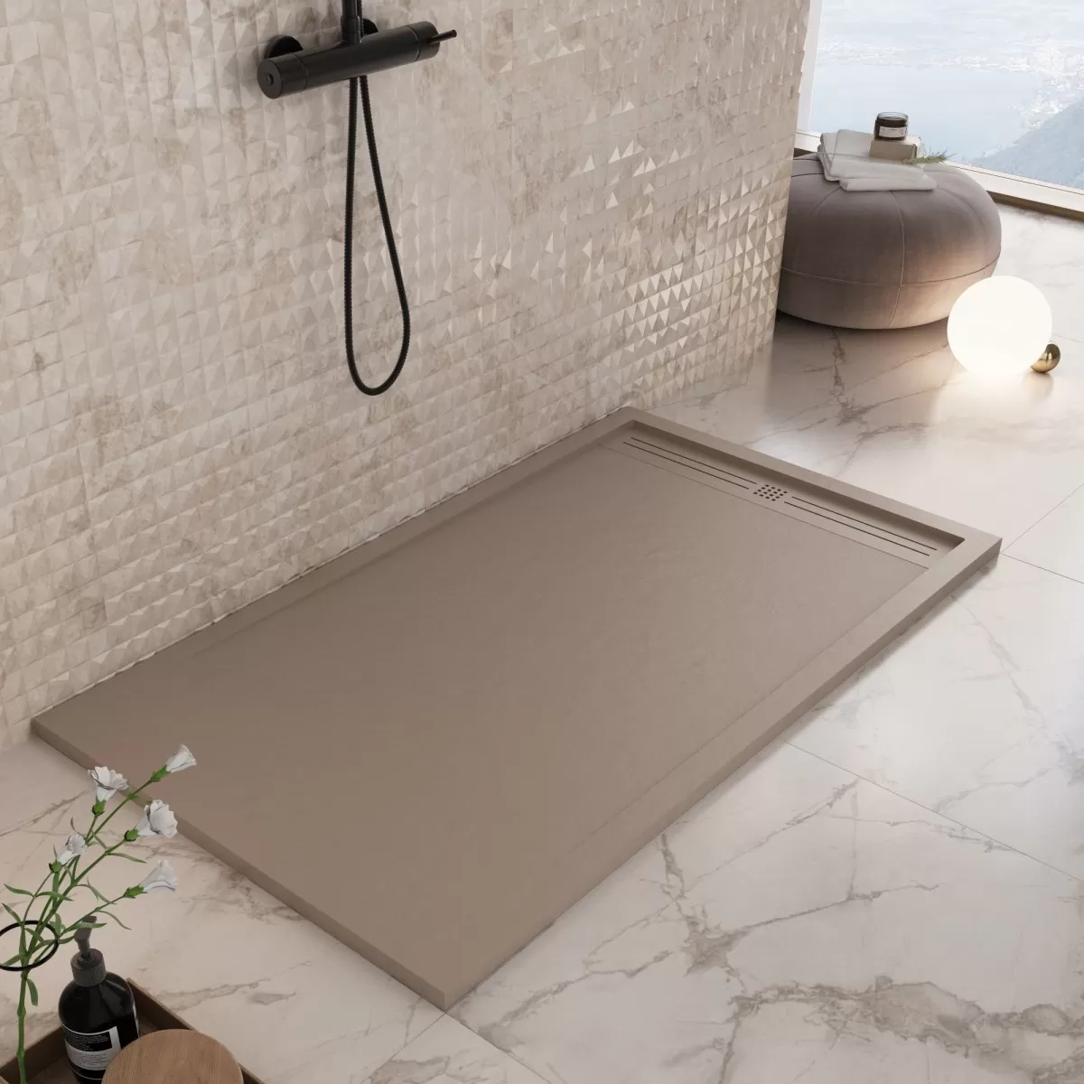 Receveur de douche en marbre minéral Moka Sun Side Grid