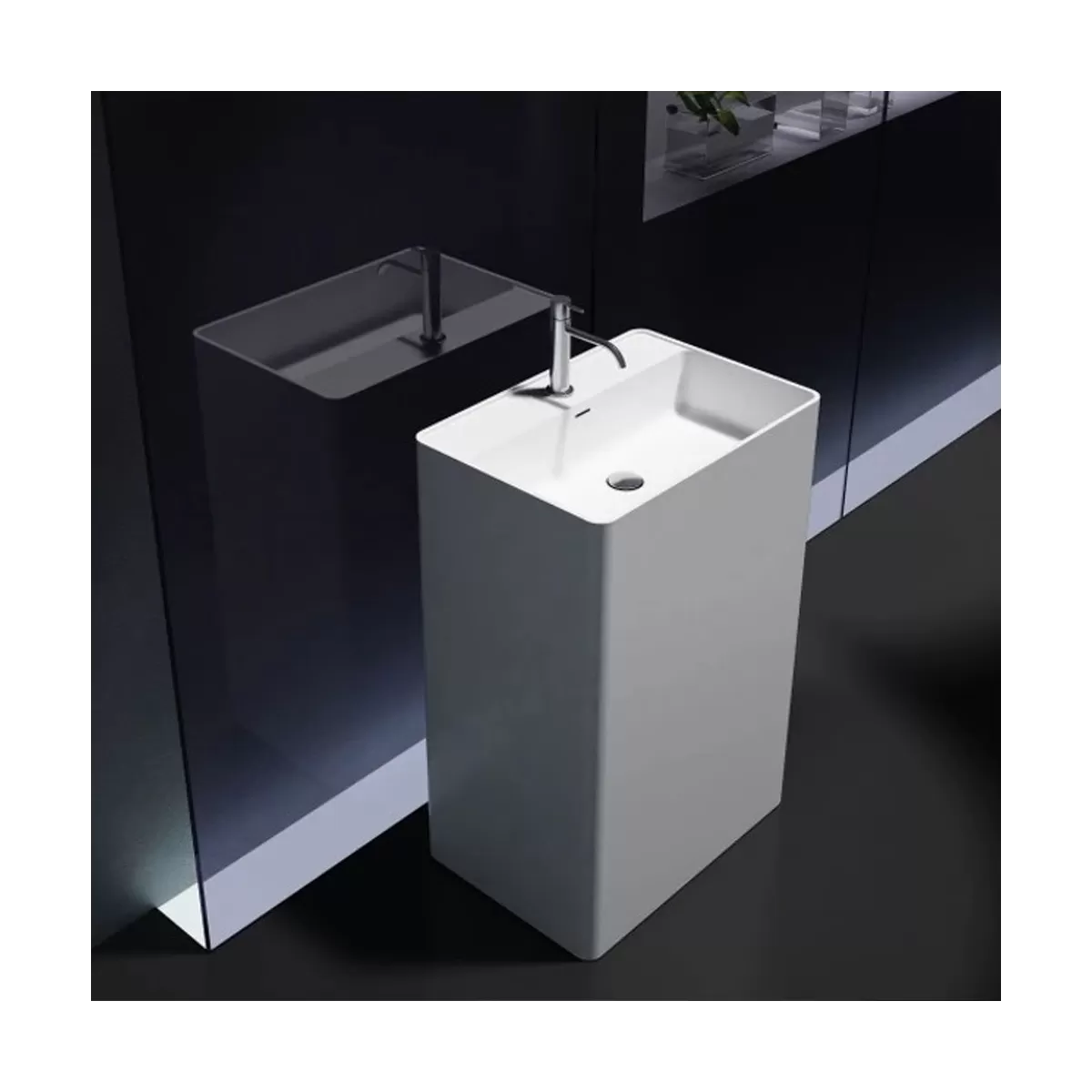 Lavabo carré sur pied en résine de pierre blanche