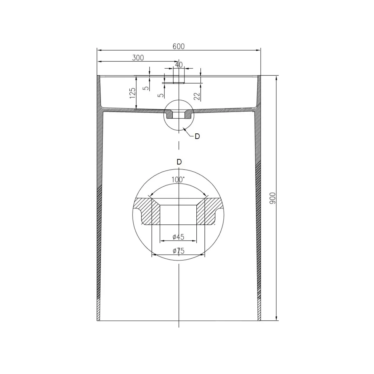 Lavabo carré sur pied en résine de pierre blanche