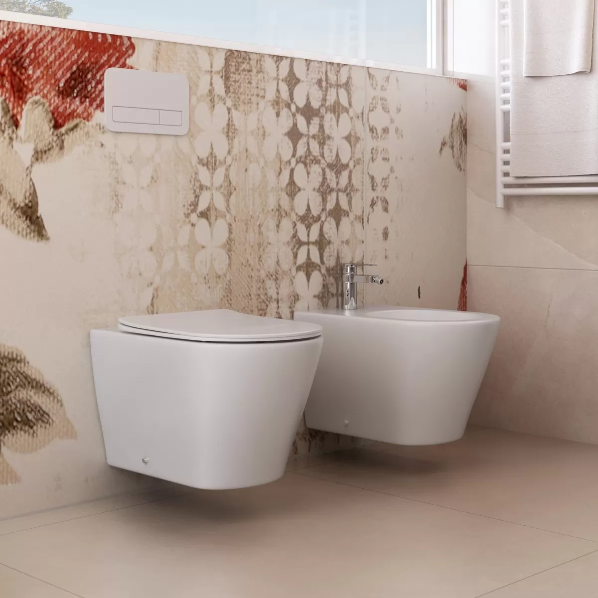 WC e Bidet OCEAN Sospesi in ceramica di colore bianco