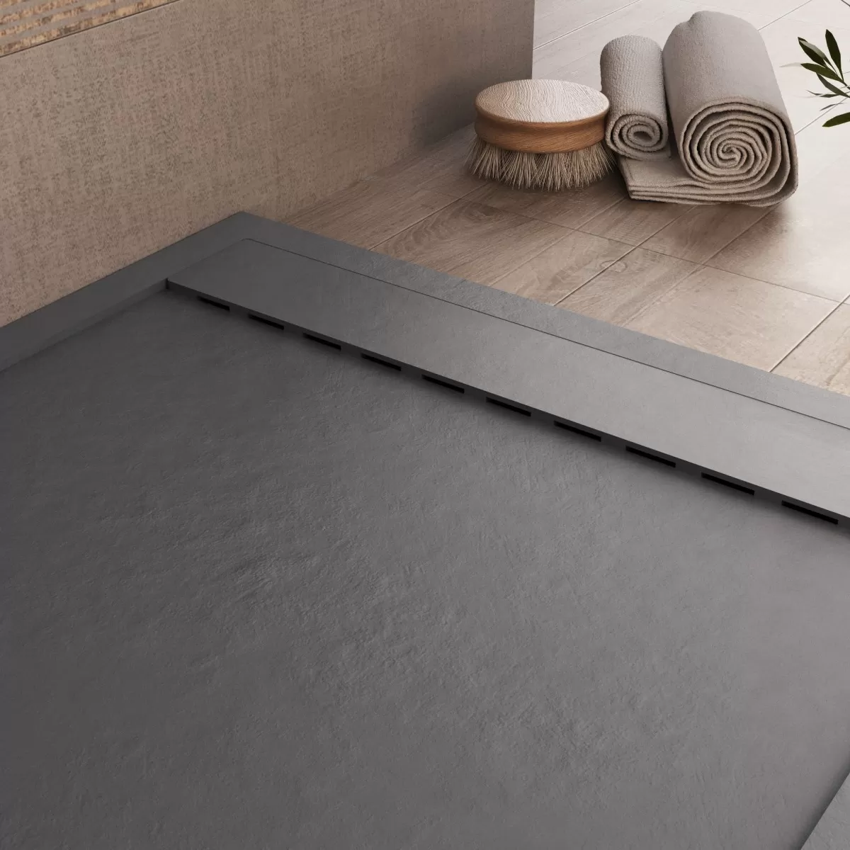 Receveur de douche UNIQUE en marbre minéral anthracite avec grille latérale assortie