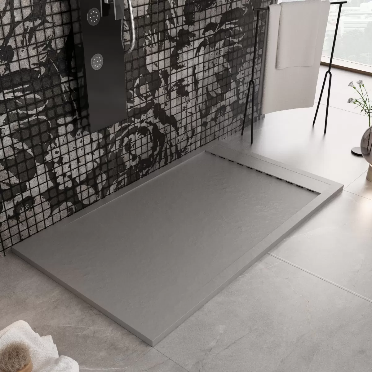 Receveur de douche en marbre minéral Grille latérale gris clair
