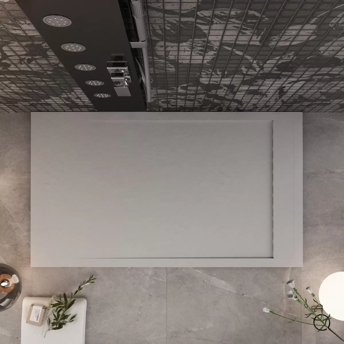 Receveur de douche en marbre minéral Grille latérale gris clair