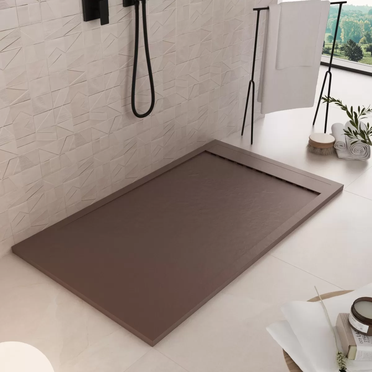Receveur de douche unique en marbre minéral à grille latérale marron
