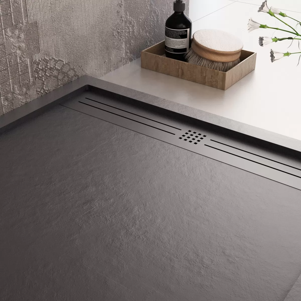 Piatto Doccia Mineralmarmo Griglia Laterale Nero Sun