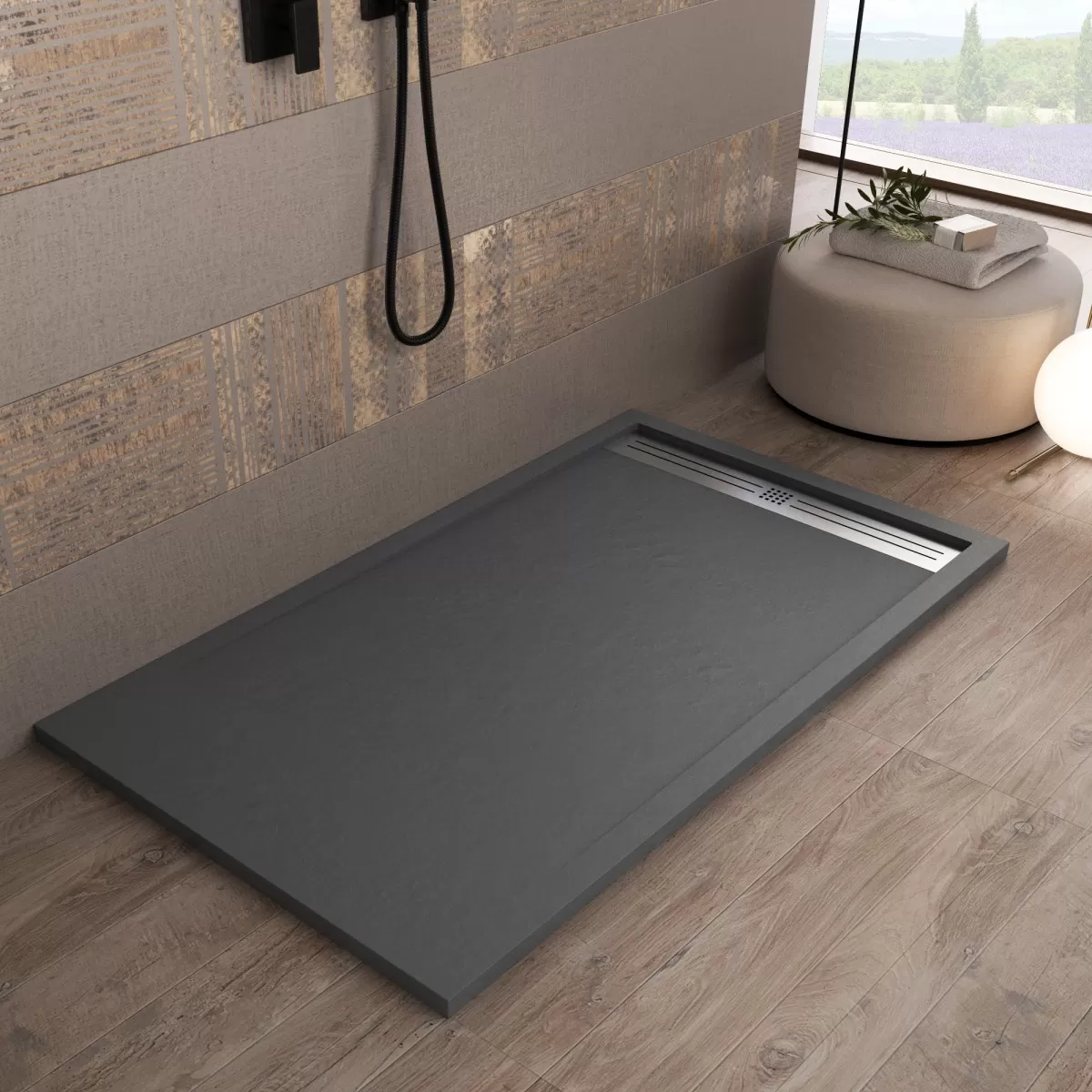 Piatto Doccia Mineralmarmo Antracite Griglia Laterale Inox Moon