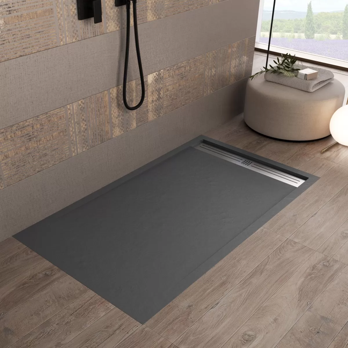 Piatto Doccia Mineralmarmo Antracite Griglia Laterale Inox Moon