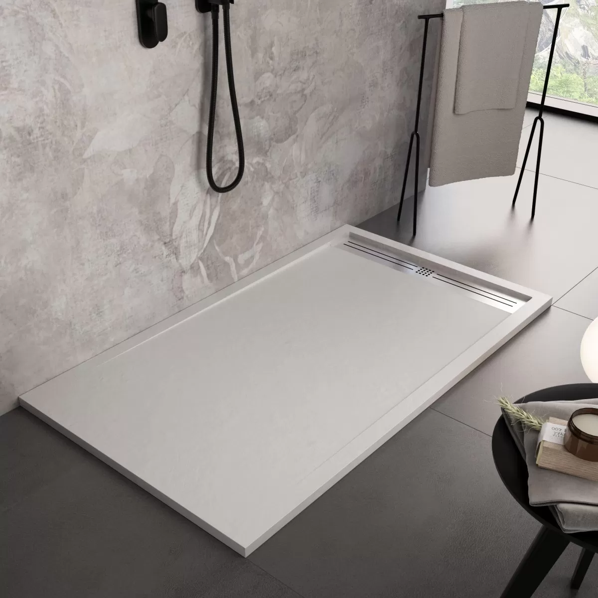 Receveur de douche en marbre minéral blanc Grille latérale en acier inoxydable Moon