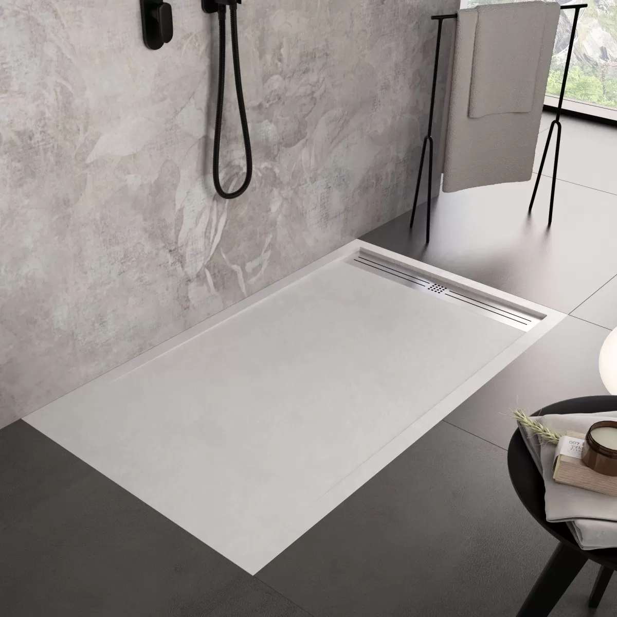 Receveur de douche en marbre minéral blanc Grille latérale en acier inoxydable Moon