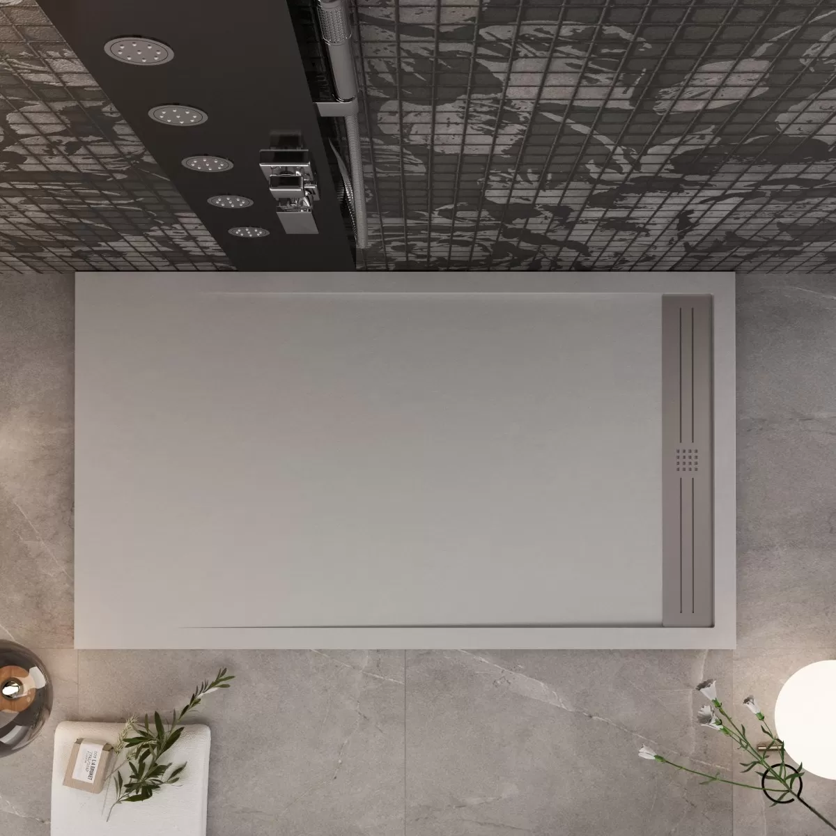 Piatto Doccia Mineralmarmo Grigio Chiaro Griglia Laterale Inox Moon