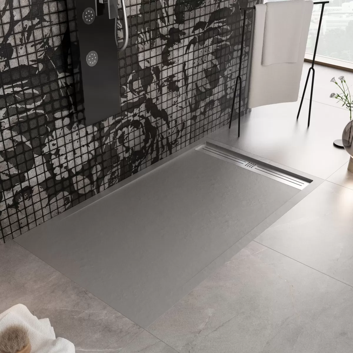 Piatto Doccia Mineralmarmo Grigio Chiaro Griglia Laterale Inox Moon