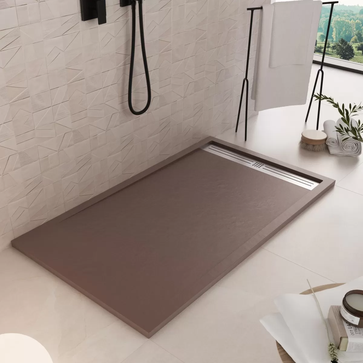 Receveur de douche en marbre minéral marron Grille latérale en acier inoxydable Moon