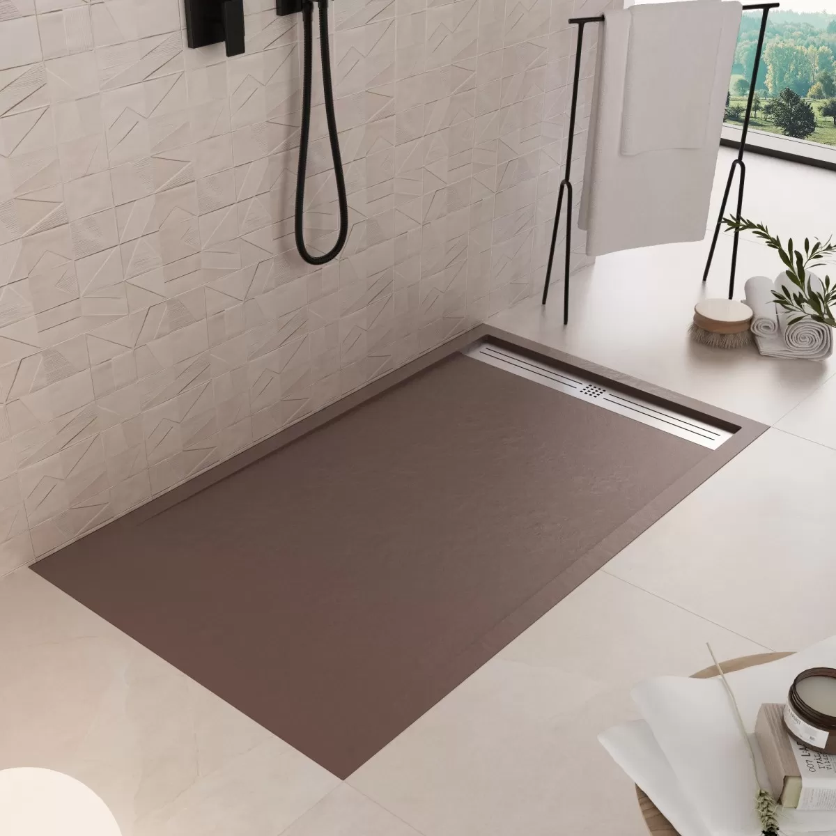 Receveur de douche en marbre minéral marron Grille latérale en acier inoxydable Moon