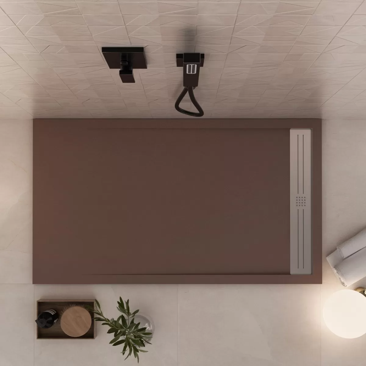 Receveur de douche en marbre minéral marron Grille latérale en acier inoxydable Moon