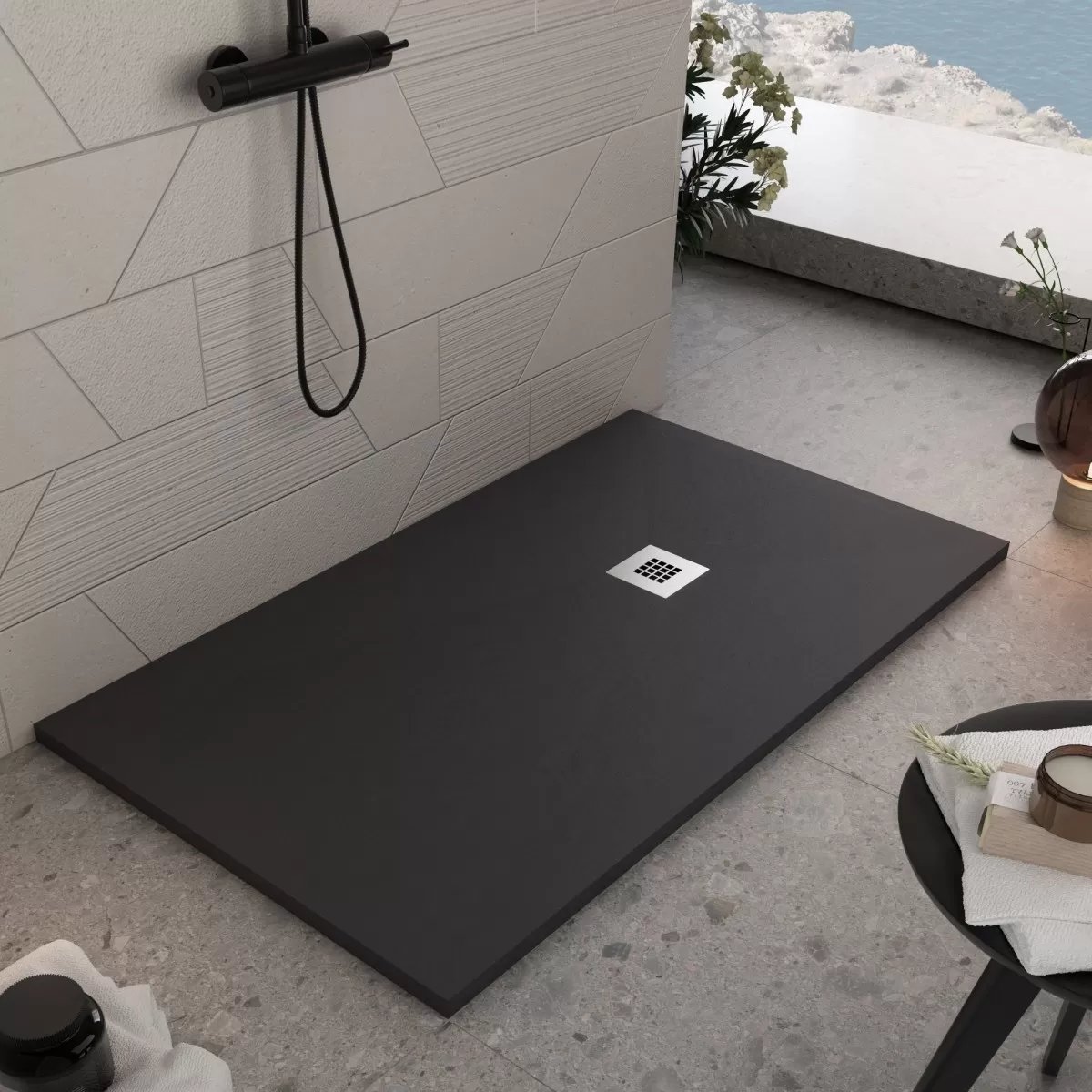Receveur de douche en marbre minéral effet pierre noire ardoise