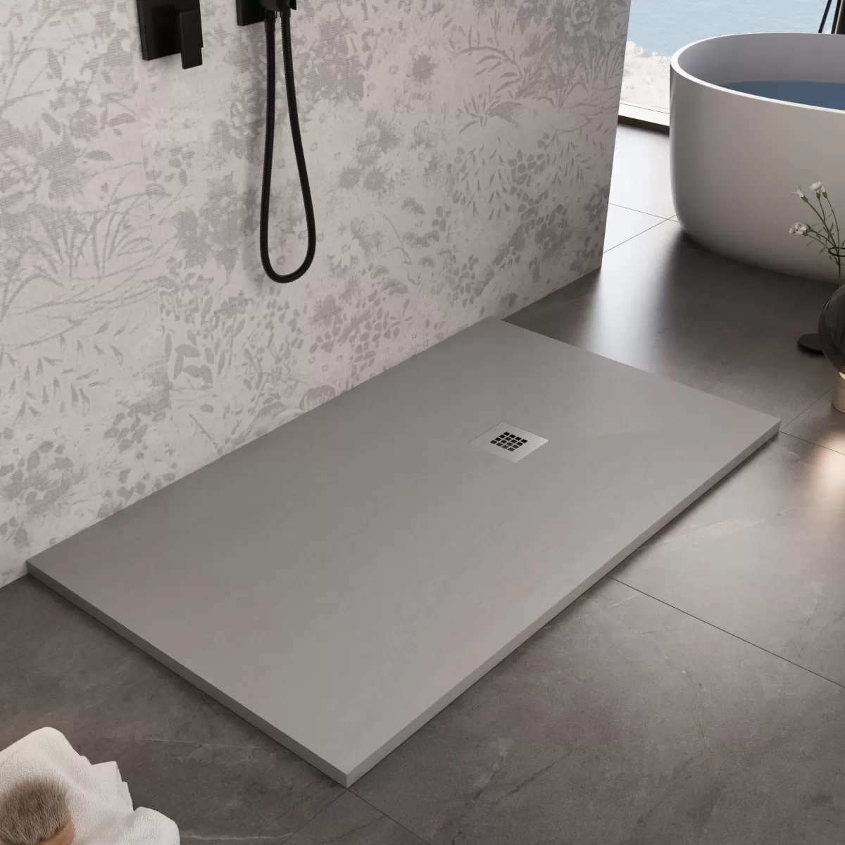 Receveur de douche en marbre minéral finition ardoise avec effet pierre gris clair