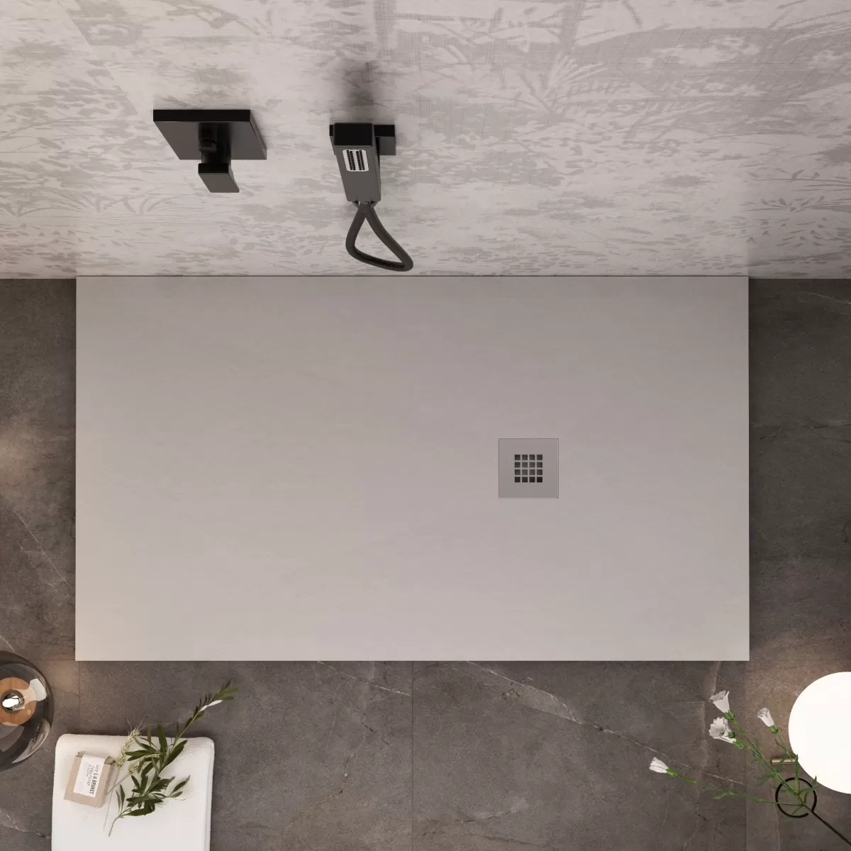 Receveur de douche en marbre minéral finition ardoise avec effet pierre gris clair
