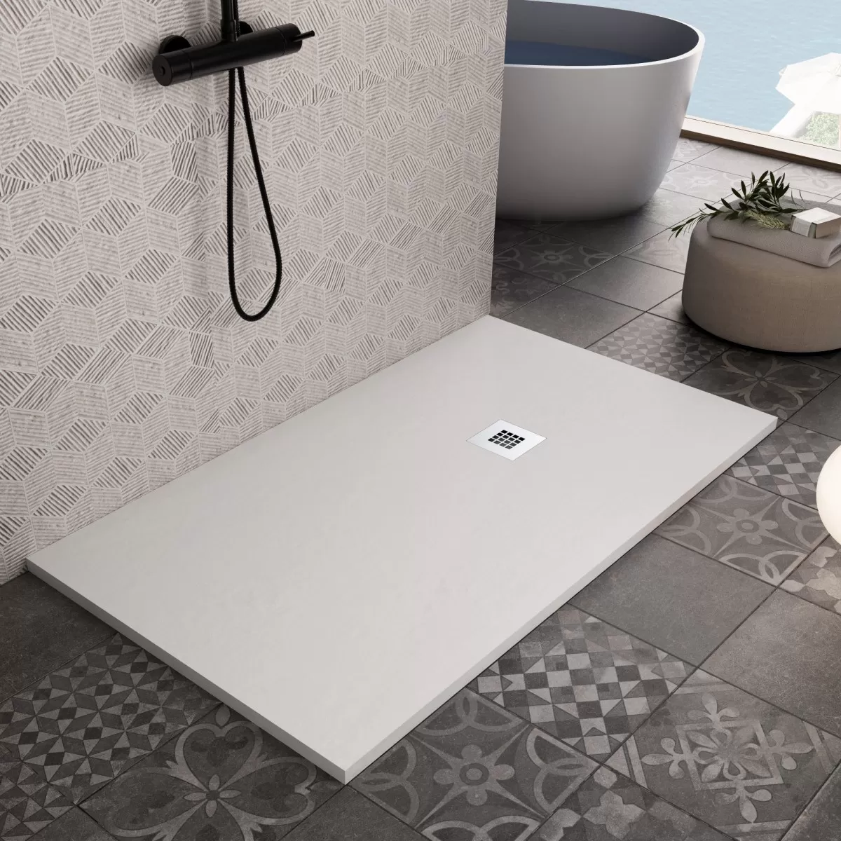 Duschwanne aus Mineralmarmor mit Schiefer-Finish und weißem Steineffekt