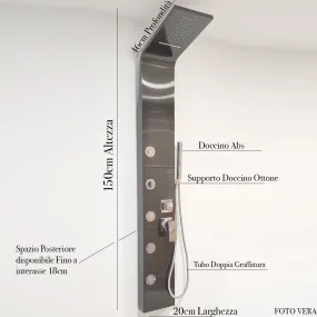 Colonne de douche hydromassante en acier brossé noir avec cascade, jets réglables et mitigeur 4 voies