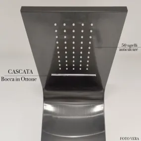 Colonne de douche hydromassante en acier brossé noir avec cascade, jets réglables et mitigeur 4 voies