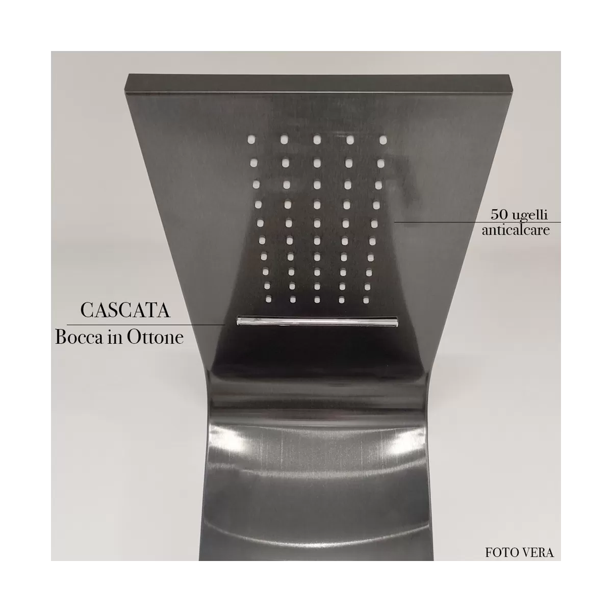 Colonne de douche hydromassante en acier brossé noir avec cascade, jets réglables et mitigeur 4 voies