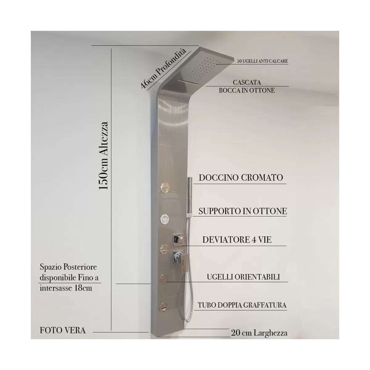 Colonne de douche hydromassante en acier brossé saphir